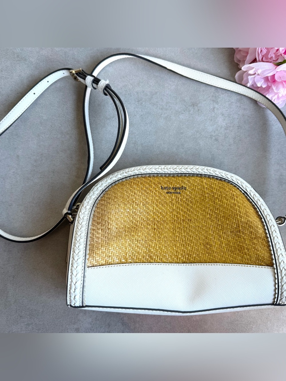 kate spade White and Mustard Yellow Straw Dome Crossbody